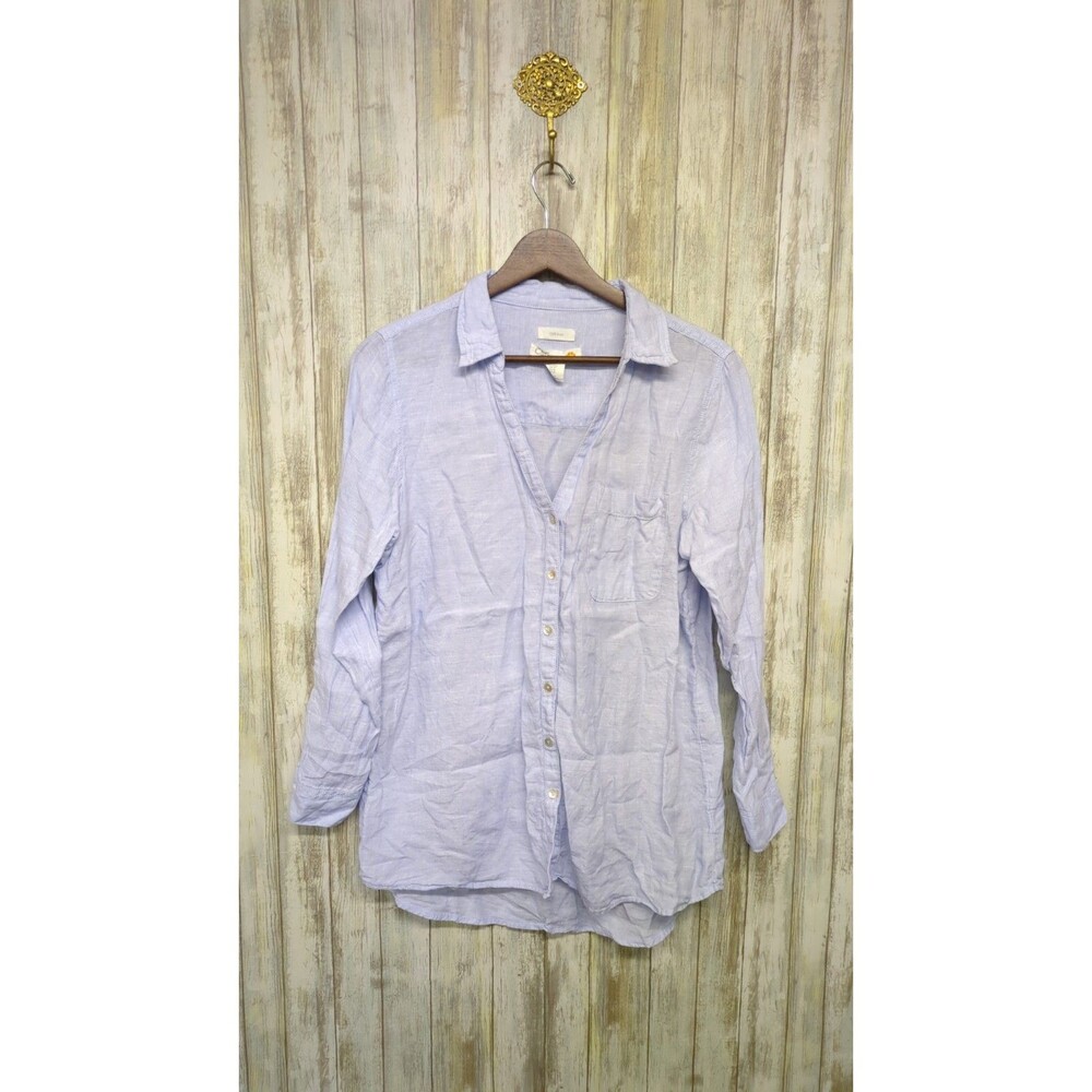 C&C CALIFORNIA Womens Linen Button Up Top M Coastal Beachy Lagenlook Roll Tab